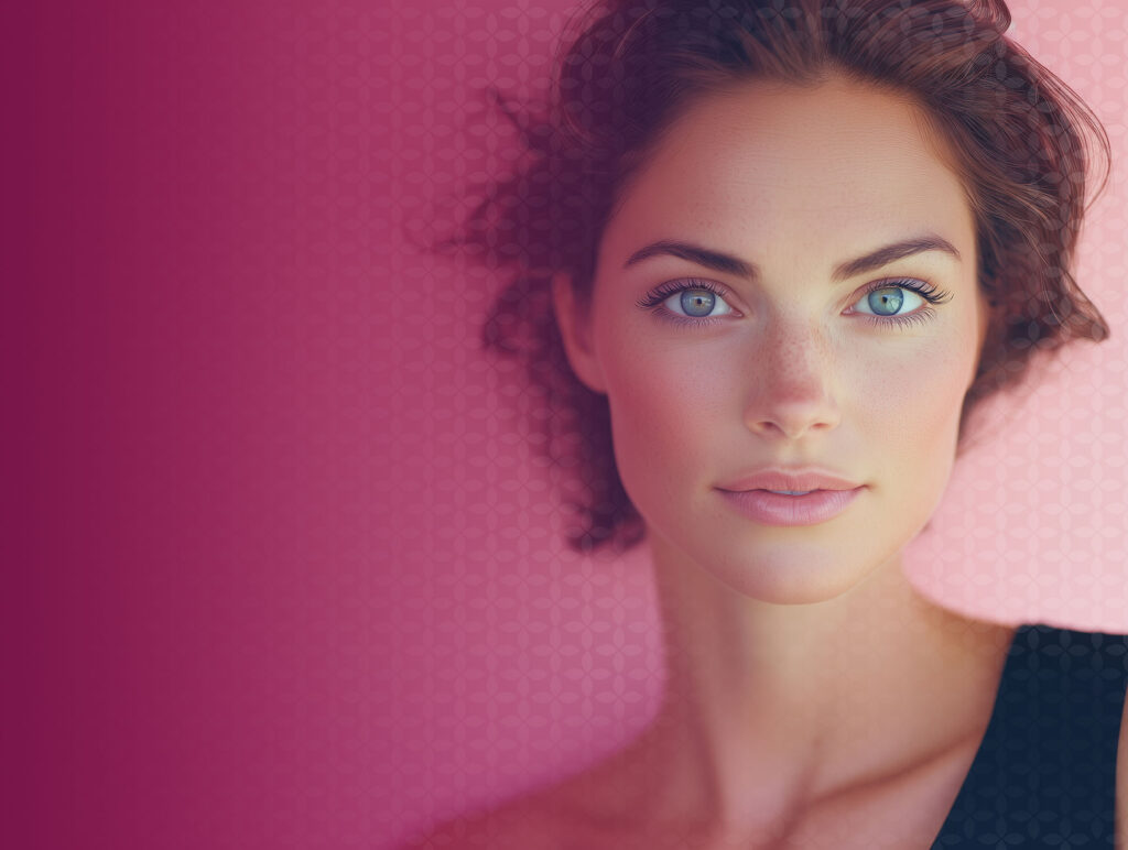 Woman gazing directly at viewer on pink background