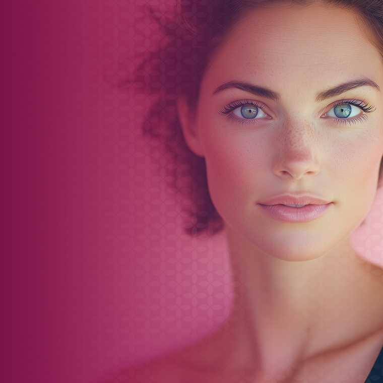 Woman gazing directly at viewer on pink background